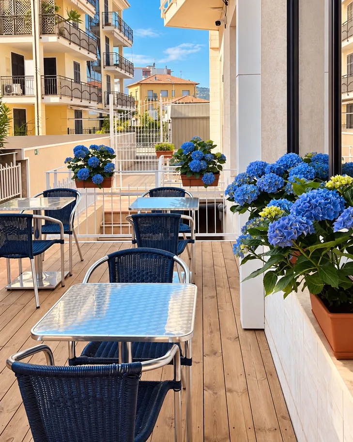 Dehor esterno dell'Hotel Sole Mare a Diano Marina, dove viene servita la colazione
